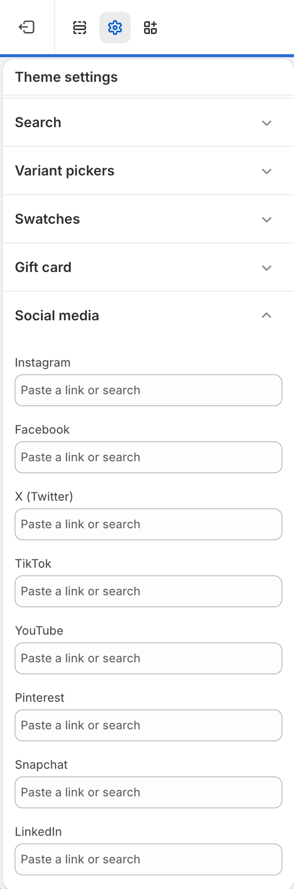 Fit Check theme editor showing Social media Theme settings with Instagram, Facebook, X, TikTok, YouTube, Pinterest, Snapchat, and LinkedIn URL fields.