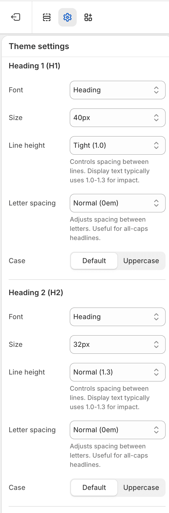 Fit Check theme editor showing Typography Theme settings for Heading 1 and Heading 2 controls.