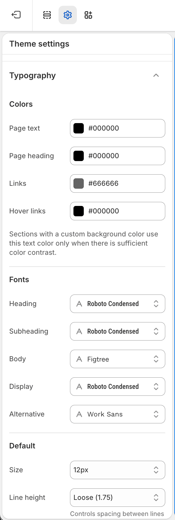 Fit Check theme editor showing Typography Theme settings with color controls, font slots, and default typography controls.