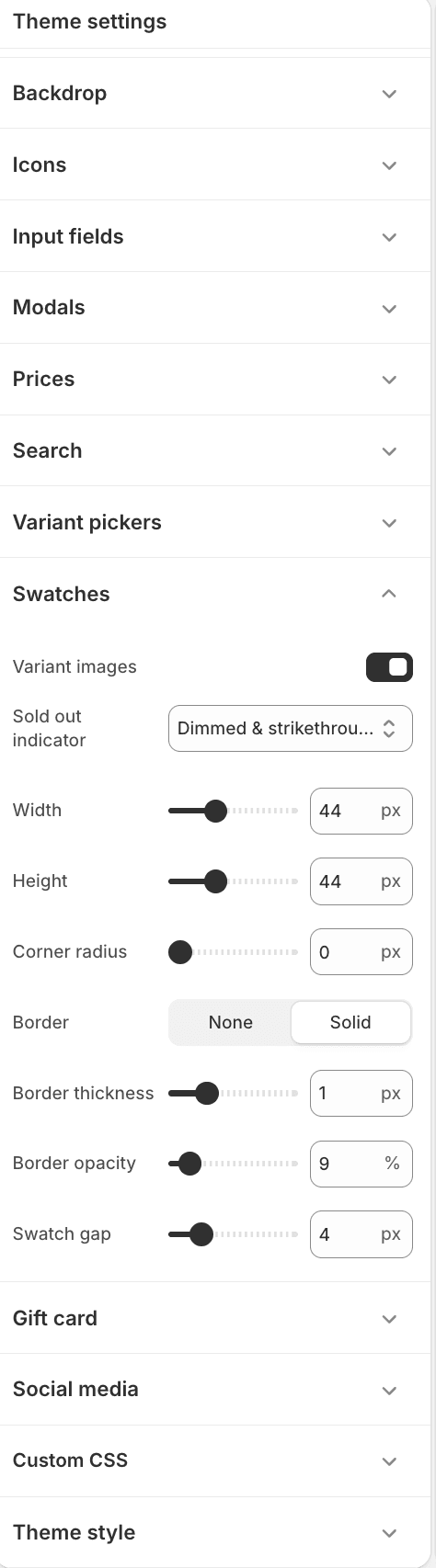 Fit Check theme editor showing Swatches Theme settings with Variant images, sold-out indicator, size, radius, border, opacity, and gap controls.