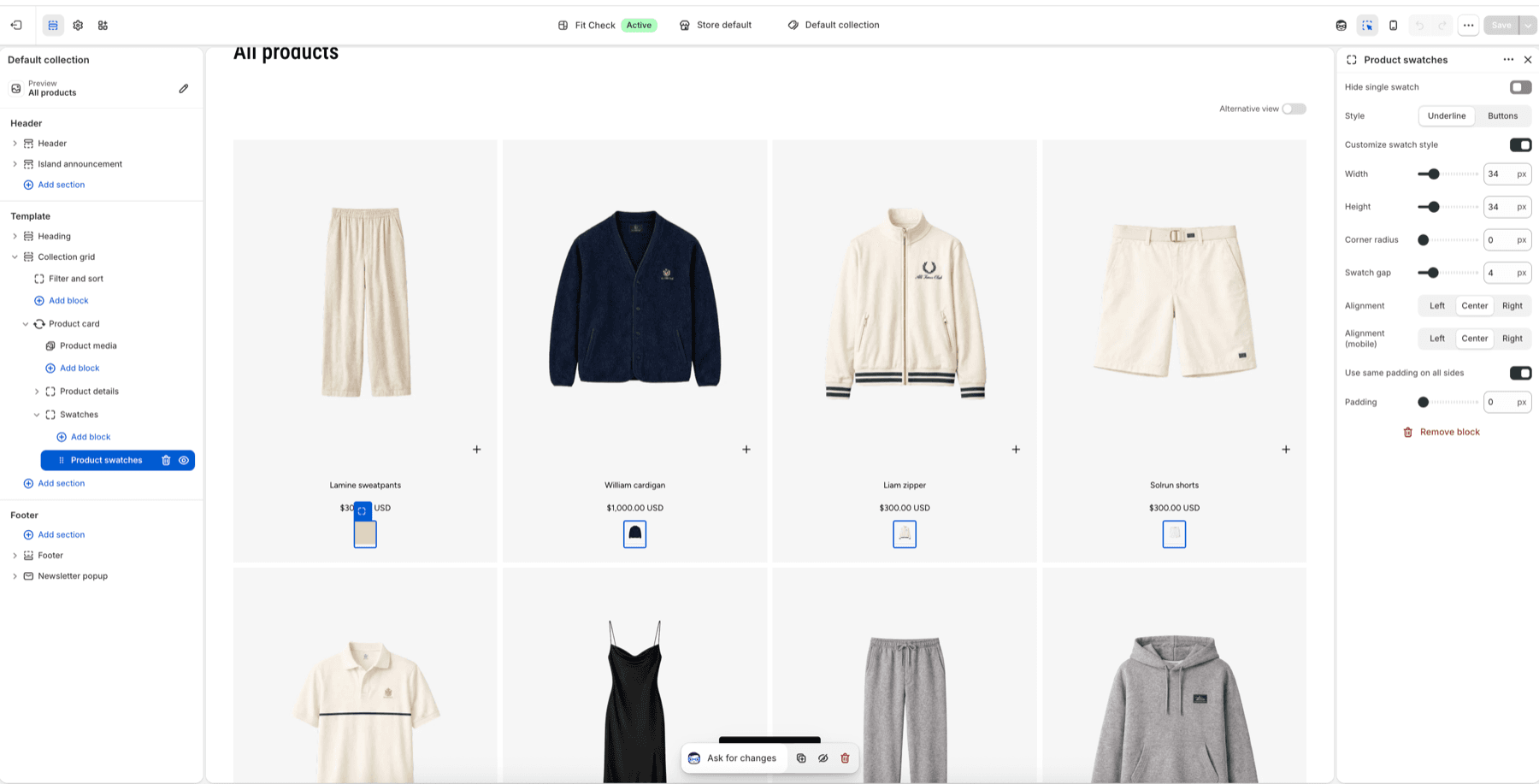 Fit Check theme editor showing a Collection page Product swatches block selected with swatches visible under product cards.