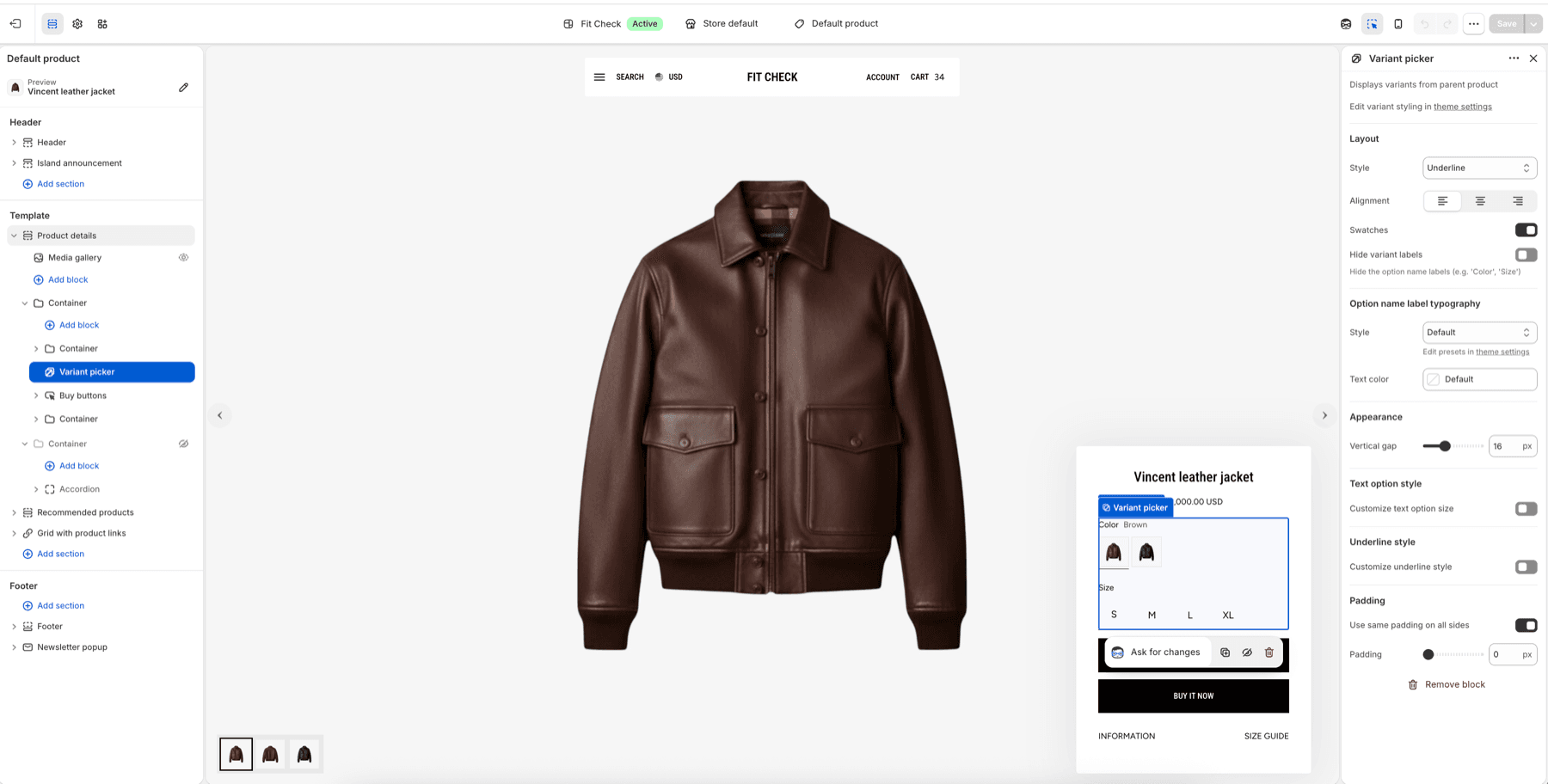 Fit Check theme editor showing the Product page Variant picker block selected with Color swatches and Size text options visible.