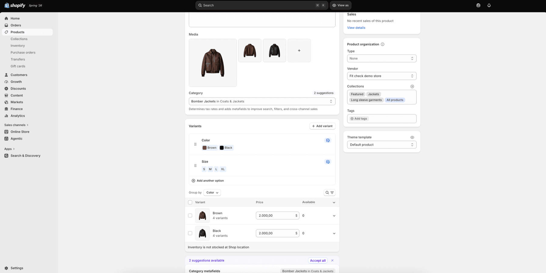 Shopify admin product page showing media, product organization, Color and Size variant options, and grouped Color variants for a jacket product.