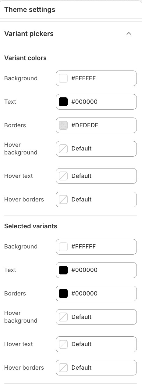 Fit Check theme editor showing Variant pickers Theme settings with Variant colors and Selected variants controls.