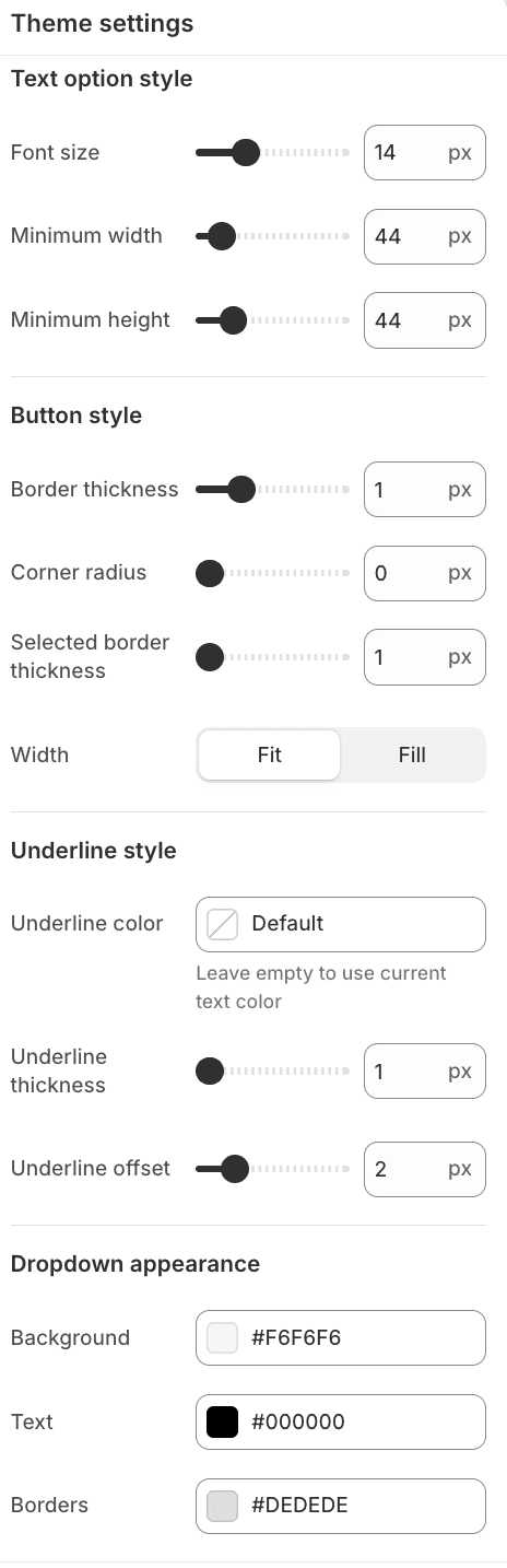 Fit Check theme editor showing Variant pickers Theme settings with text option, button, underline, and dropdown appearance controls.