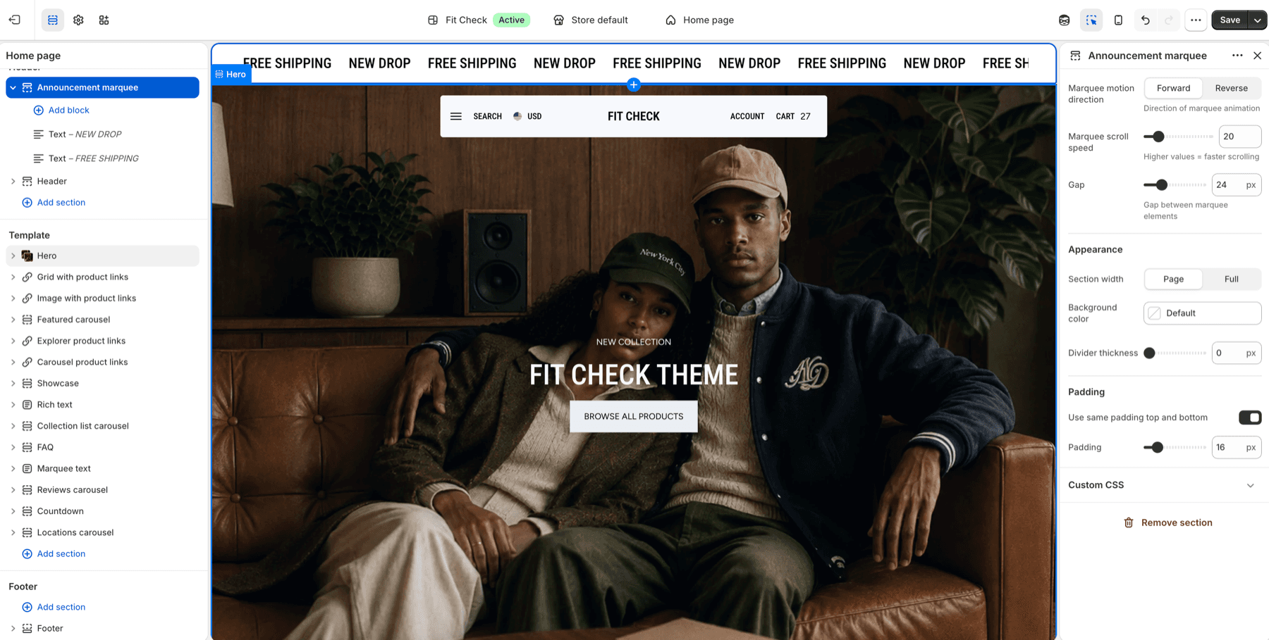 Shopify theme editor showing the Fit Check Announcement marquee section selected above the home page hero.