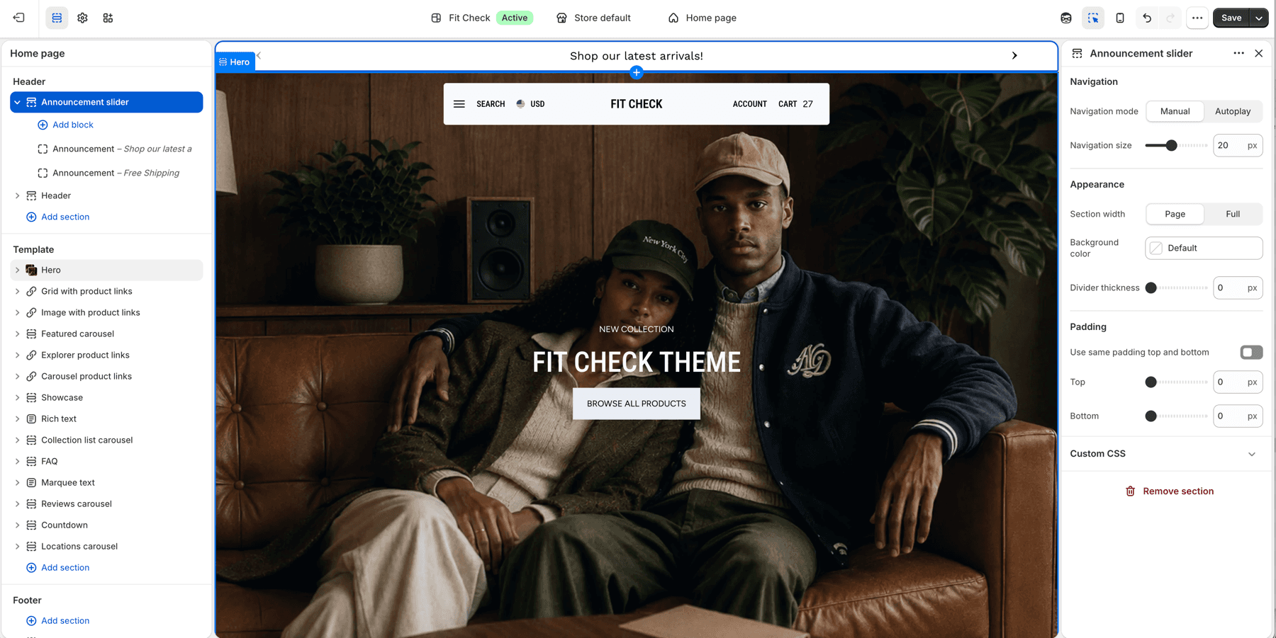 Shopify theme editor showing the Fit Check Announcement slider section selected above the home page hero.
