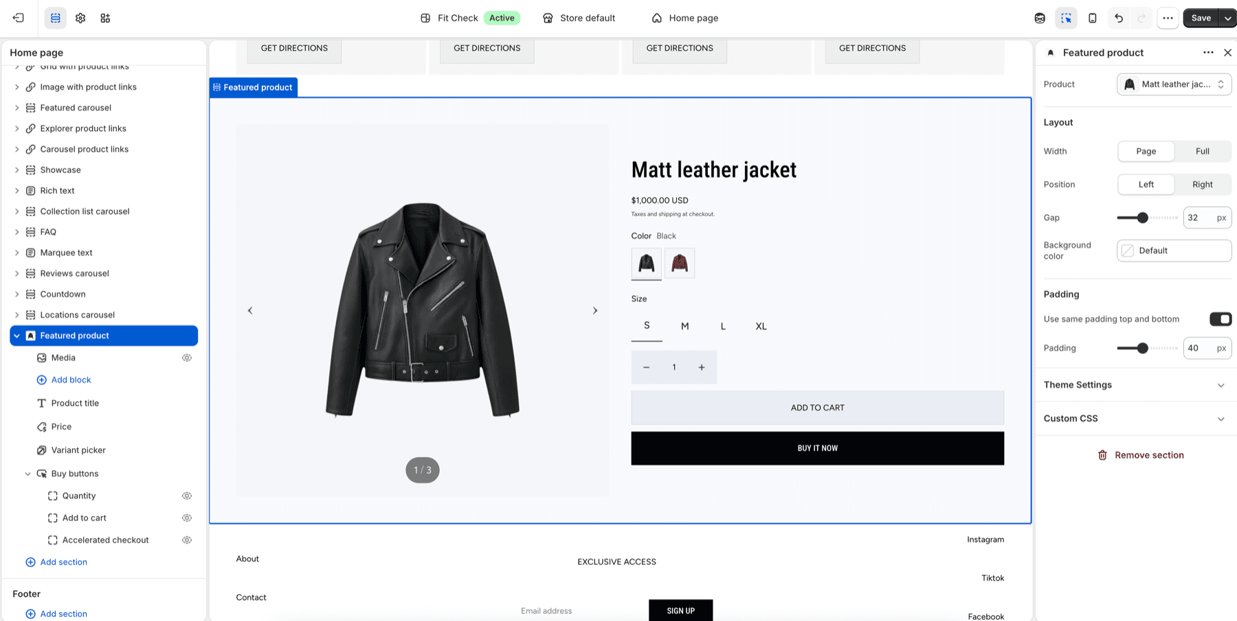 Shopify theme editor showing the Fit Check Featured product section settings and storefront preview.