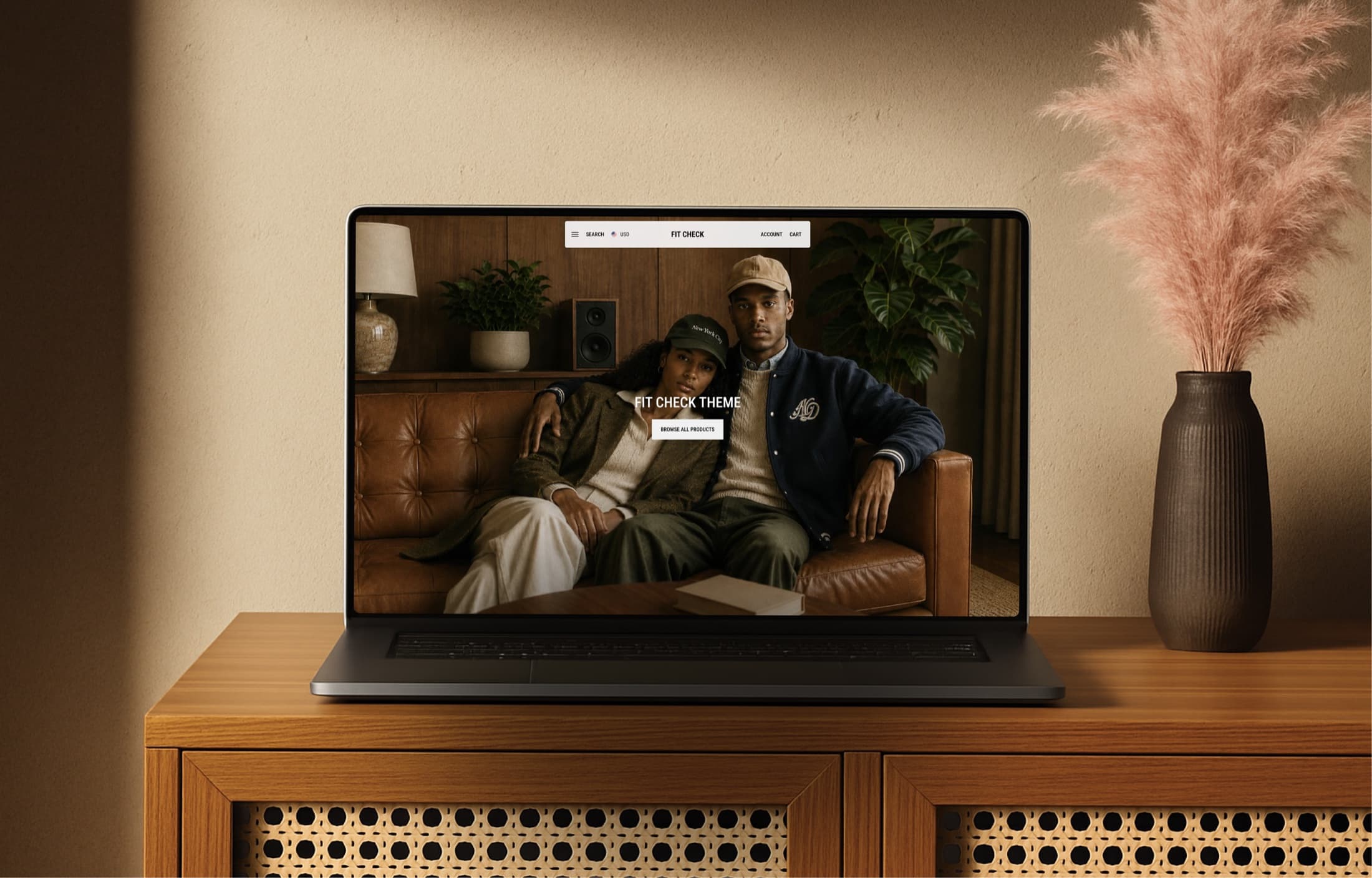 Fit Check Shopify theme displayed on a laptop in a styled room.
