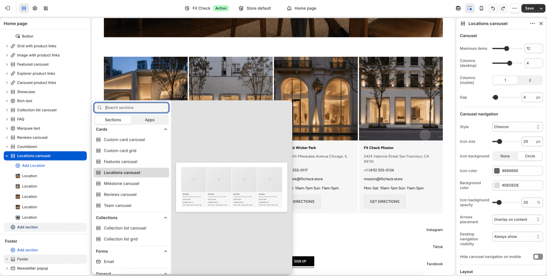 Shopify theme editor Add section panel showing Locations carousel selected.