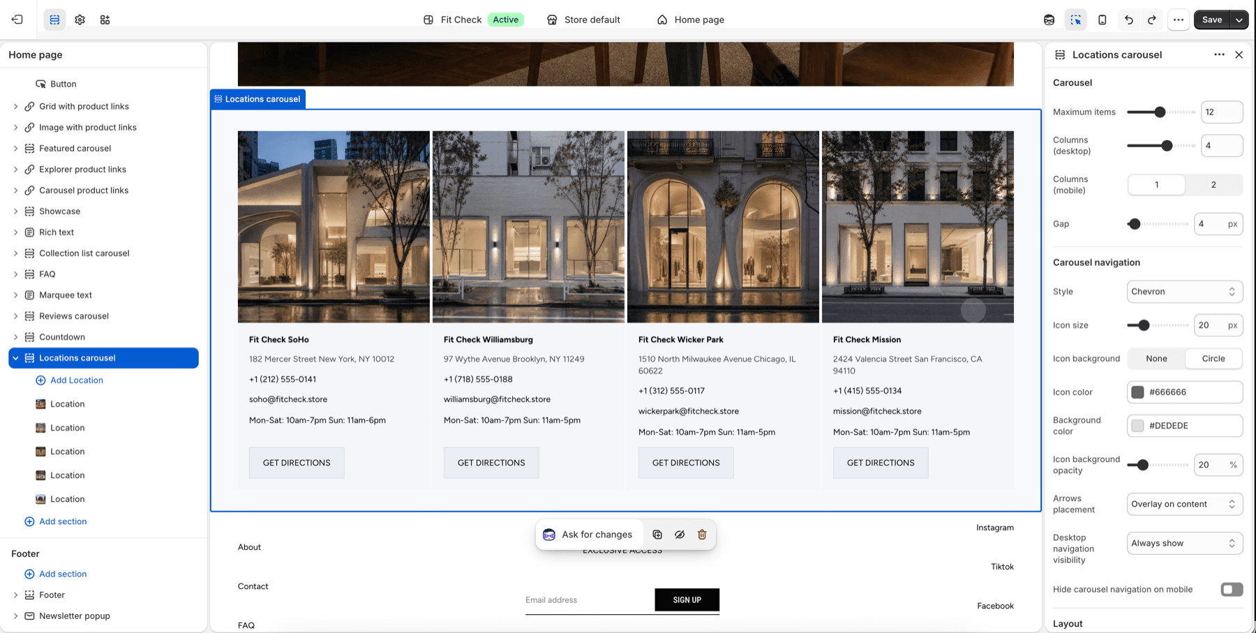 Shopify theme editor showing the Fit Check Locations carousel settings and storefront preview.