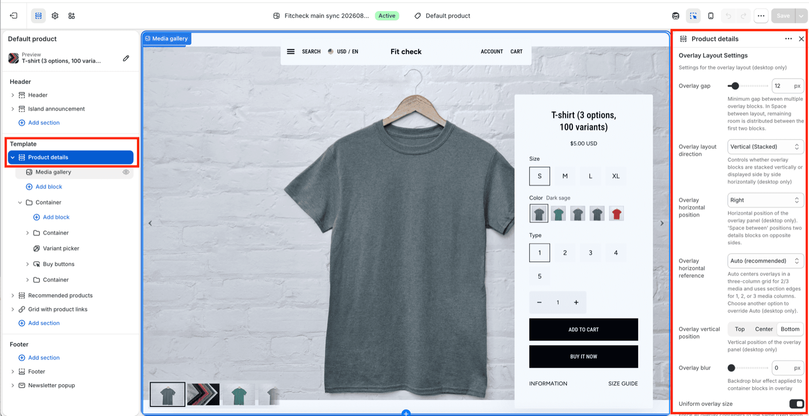 Shopify Theme Editor with Product details selected and red outlines around the section in the sidebar and its Overlay Layout Settings panel.