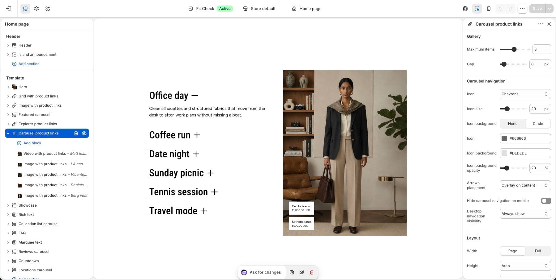 Live demo store theme editor screenshot of the Fit Check Carousel product links section.