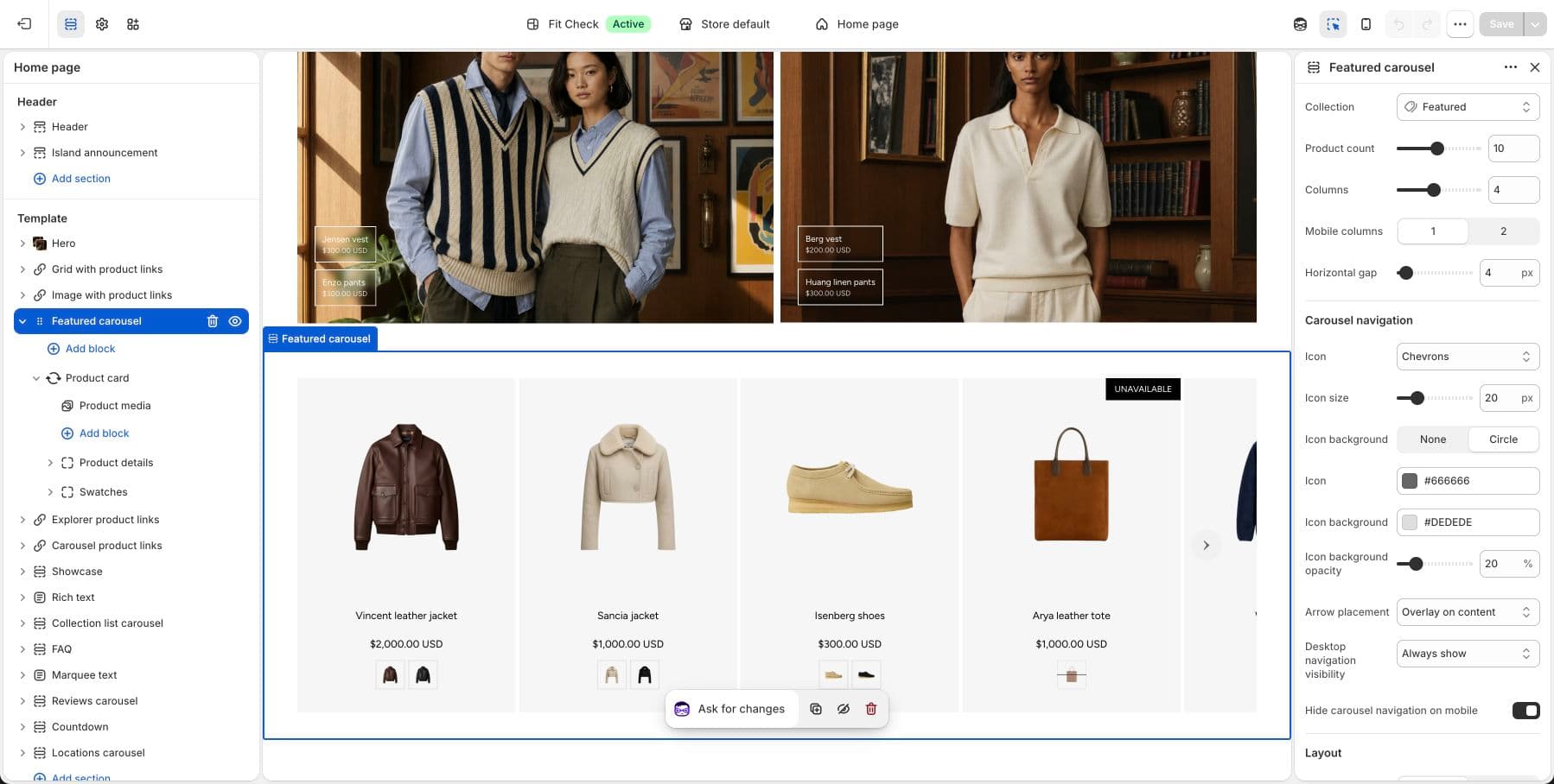 Live demo store theme editor screenshot of the Fit Check Featured carousel catalog section.