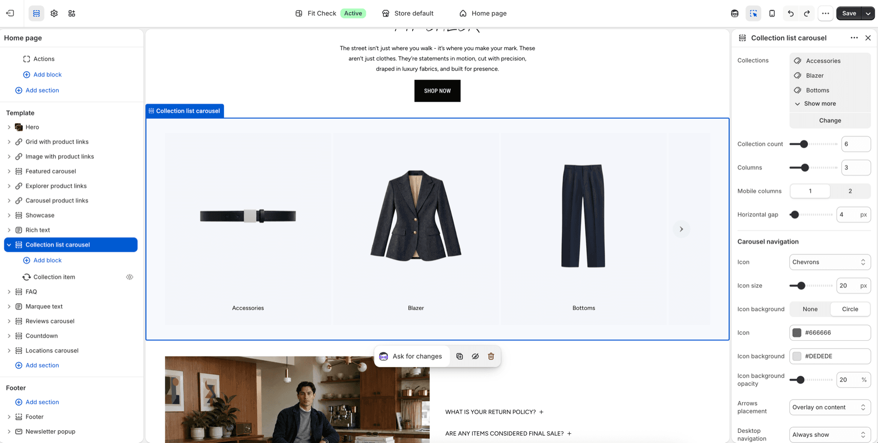 Fit Check theme editor showing the Collection list carousel section with collection cards and carousel navigation settings.