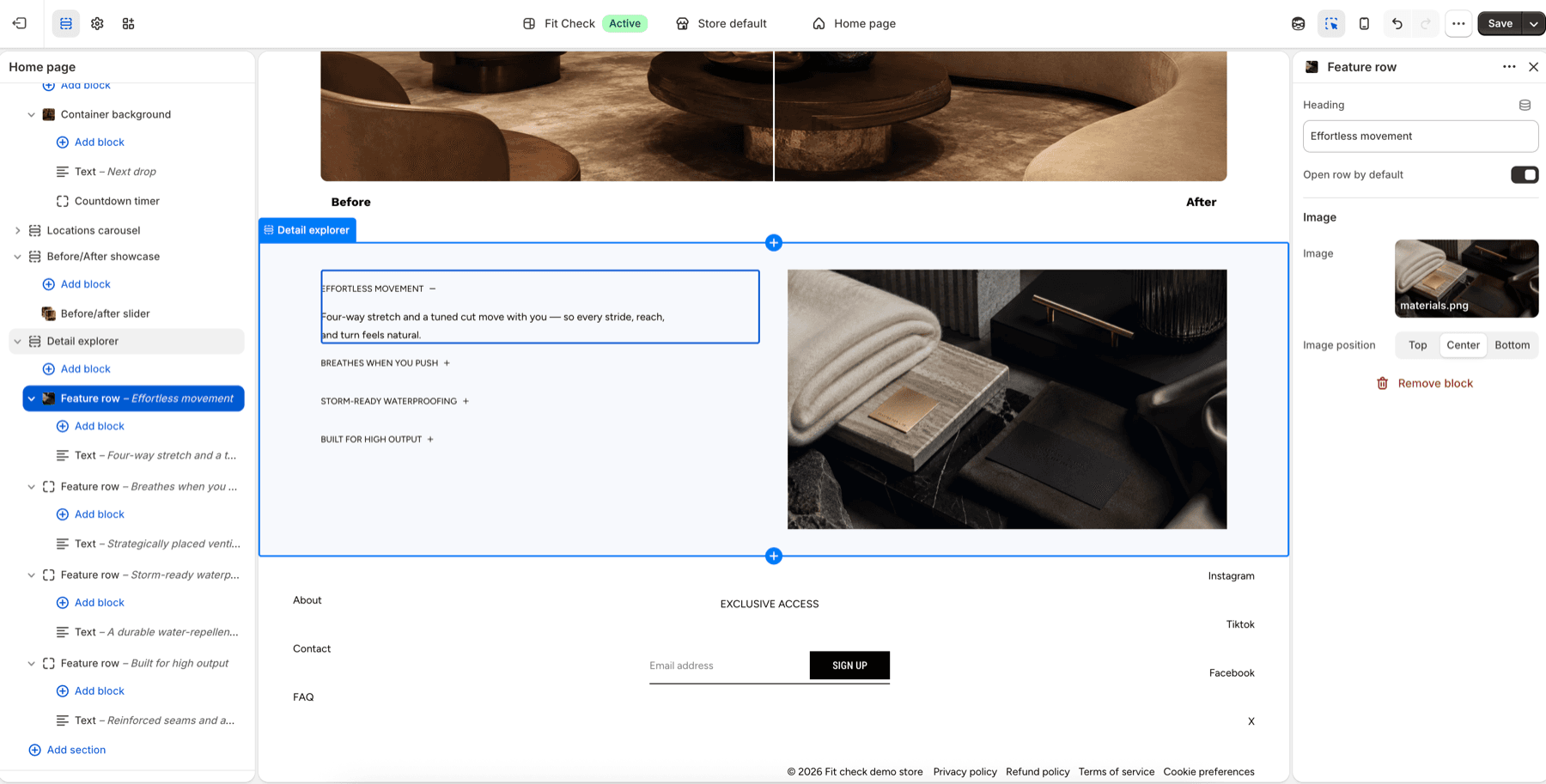 Shopify theme editor showing the Fit Check Detail explorer section with a selected feature row and synced image panel.