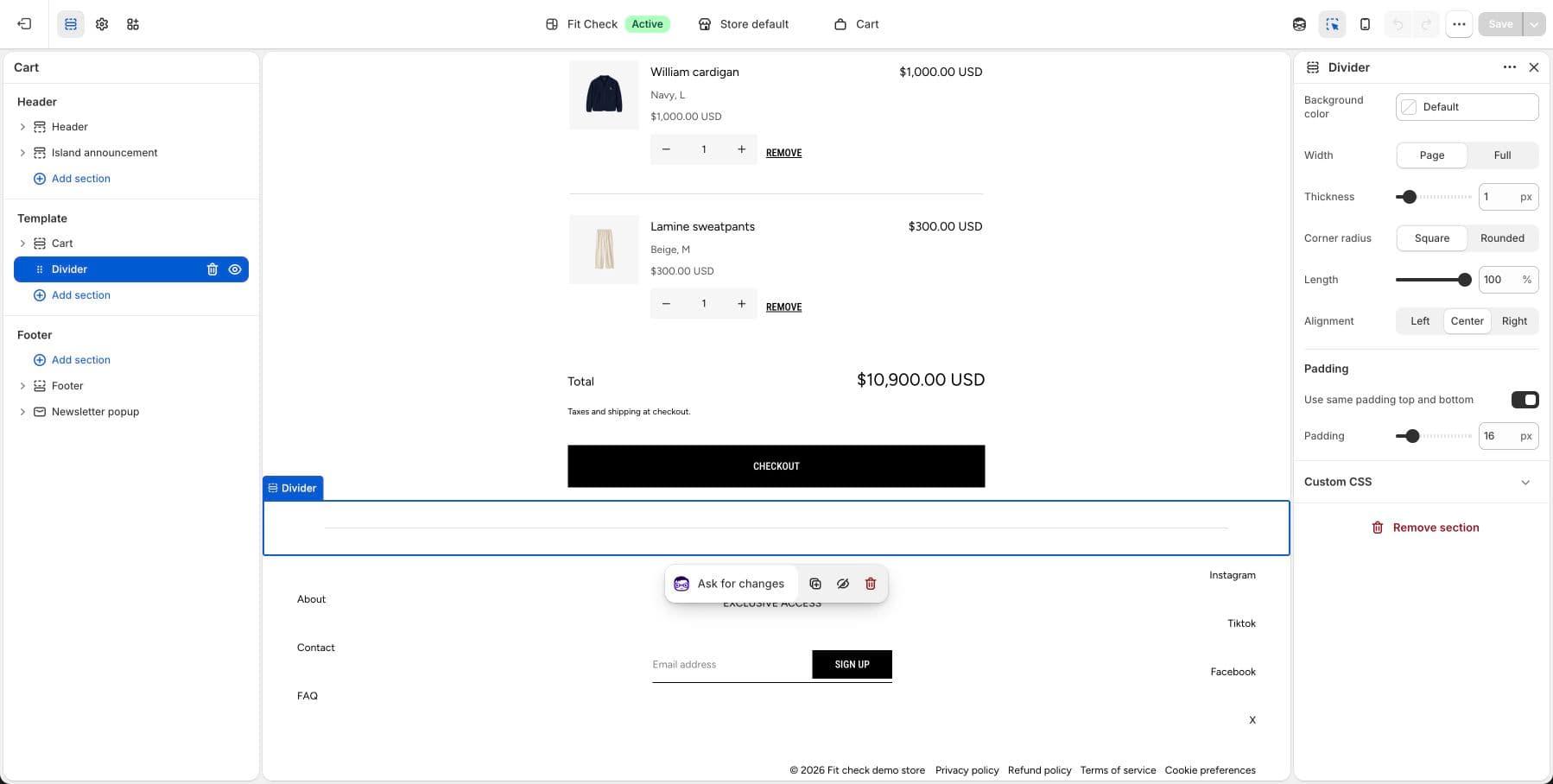 Live demo store theme editor screenshot of the Fit Check Divider section.