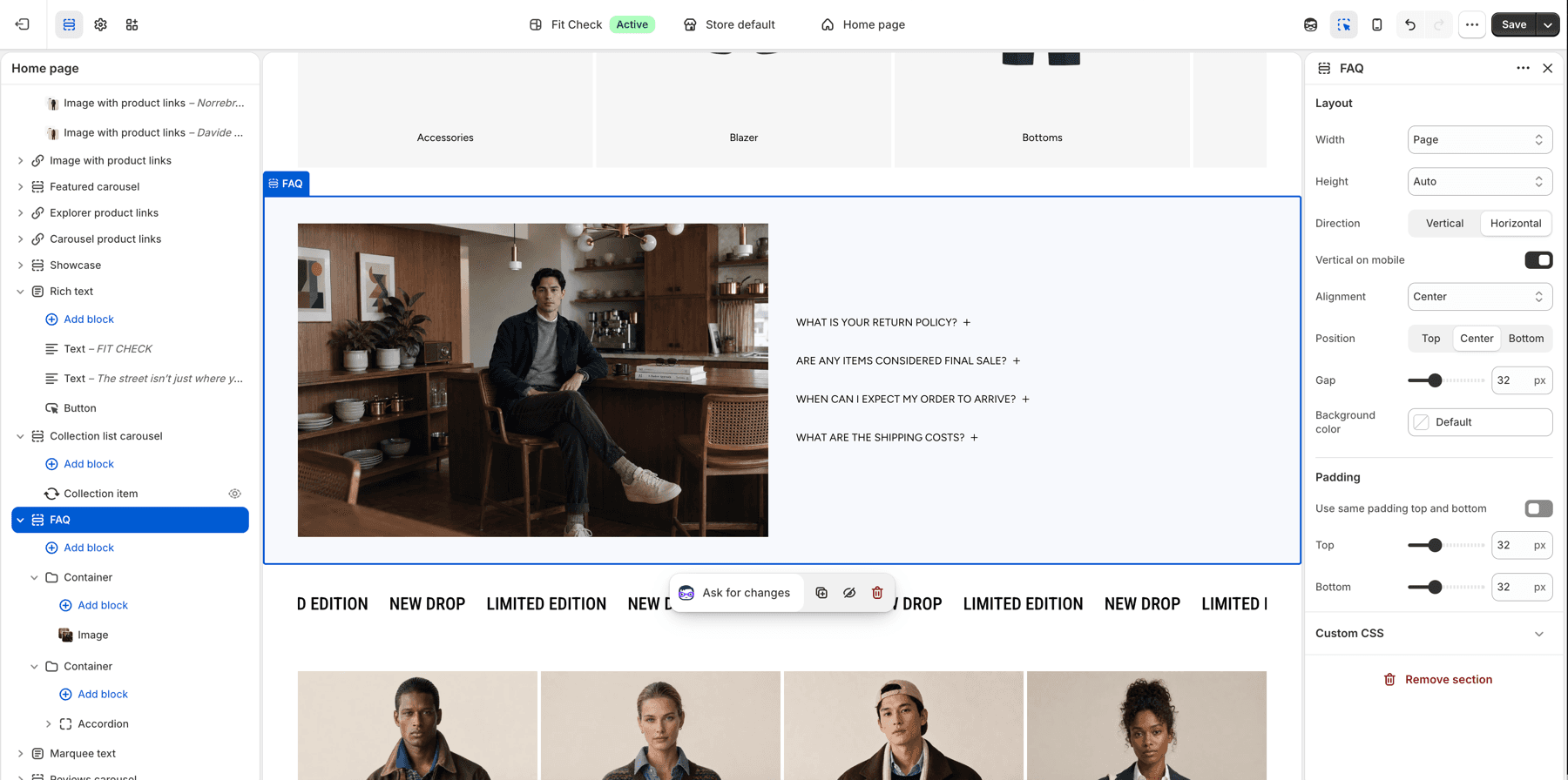 Fit Check theme editor showing the FAQ section with image media and accordion questions.