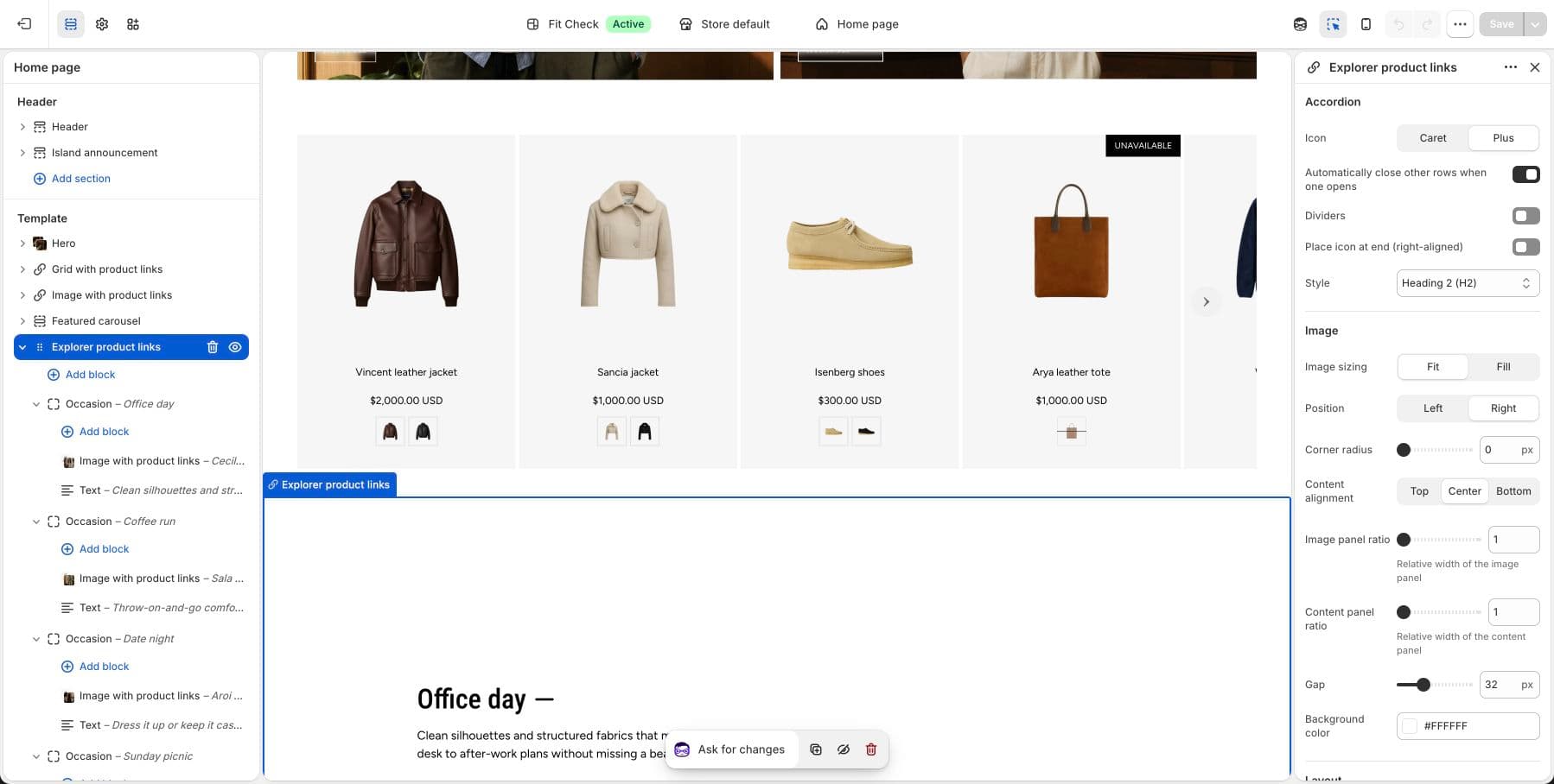 Live demo store theme editor screenshot of the Fit Check Explorer product links section.