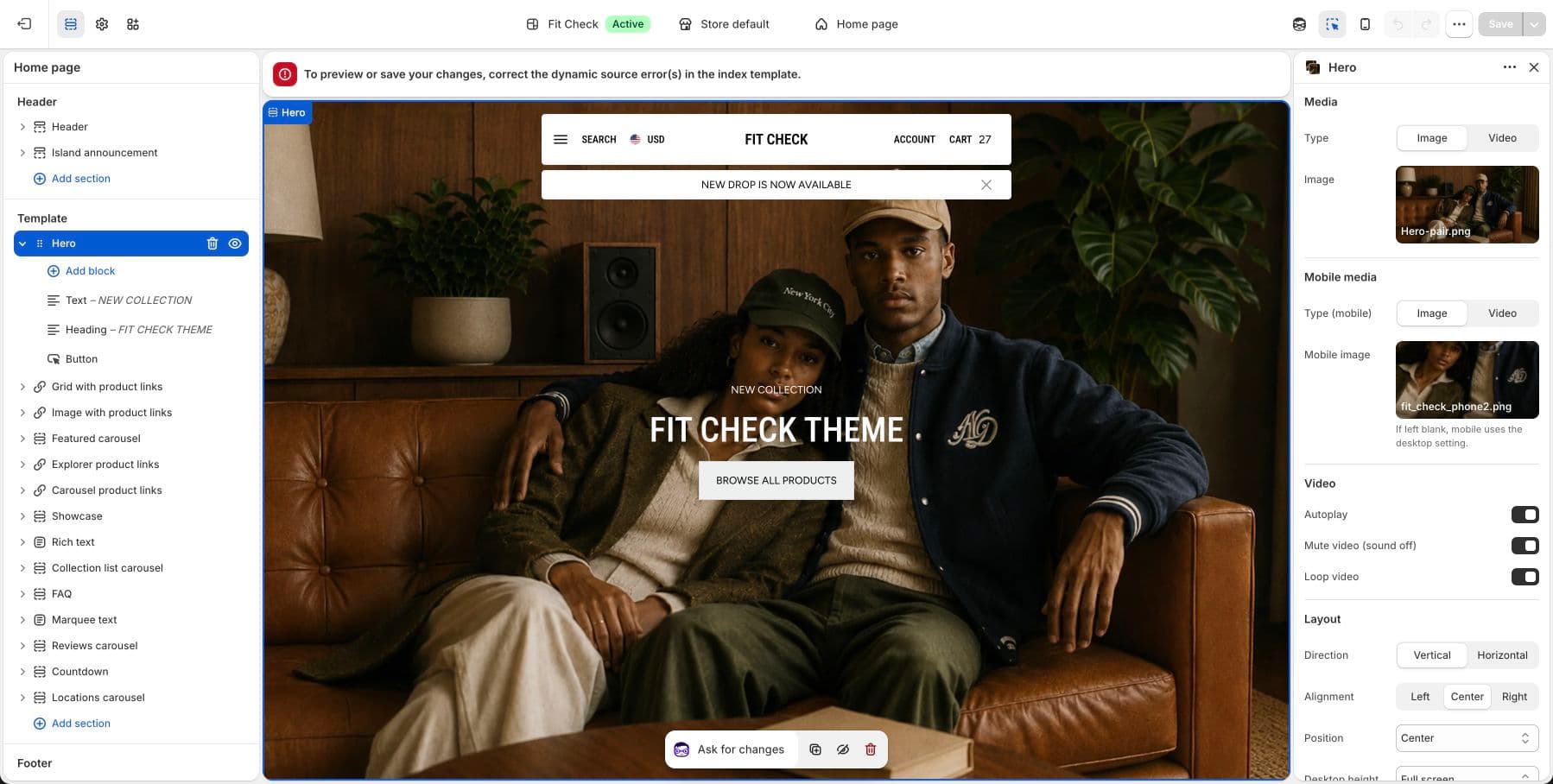 Live demo store theme editor screenshot of the Fit Check Hero section.