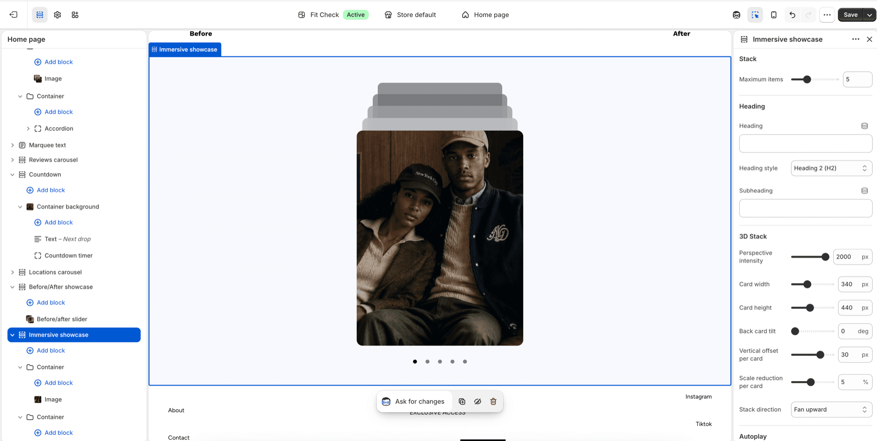 Shopify theme editor showing the Fit Check Immersive showcase section with a 3D stacked card preview.
