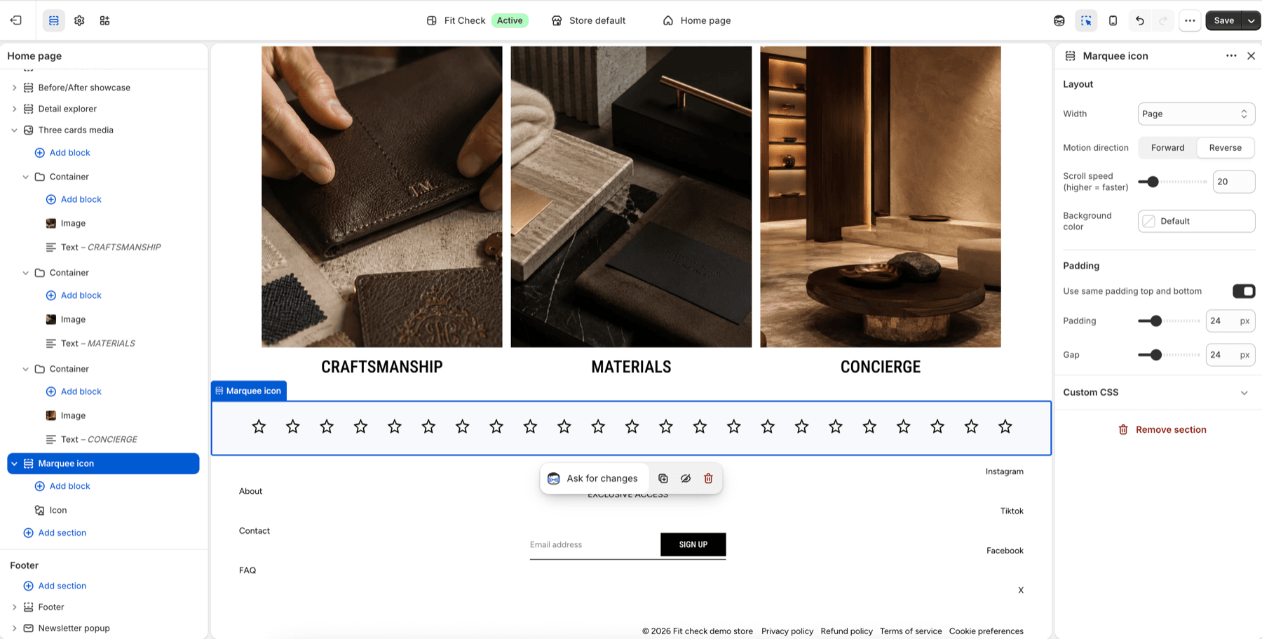 Shopify theme editor showing the Fit Check Marquee icon section selected with repeated star icons.