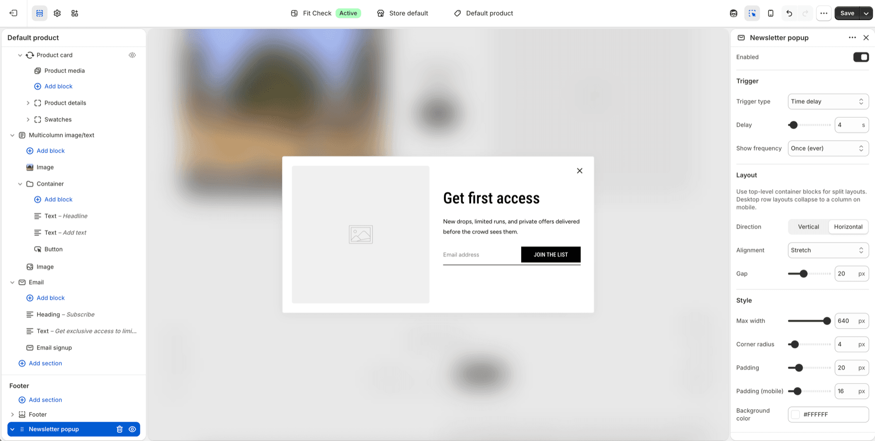 Shopify theme editor showing the Newsletter popup section with modal content, image placeholder, email signup, and trigger settings.