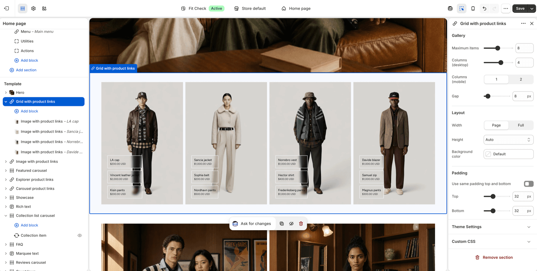 Fit Check theme editor showing the Grid with product links section and product-link cards over editorial images.