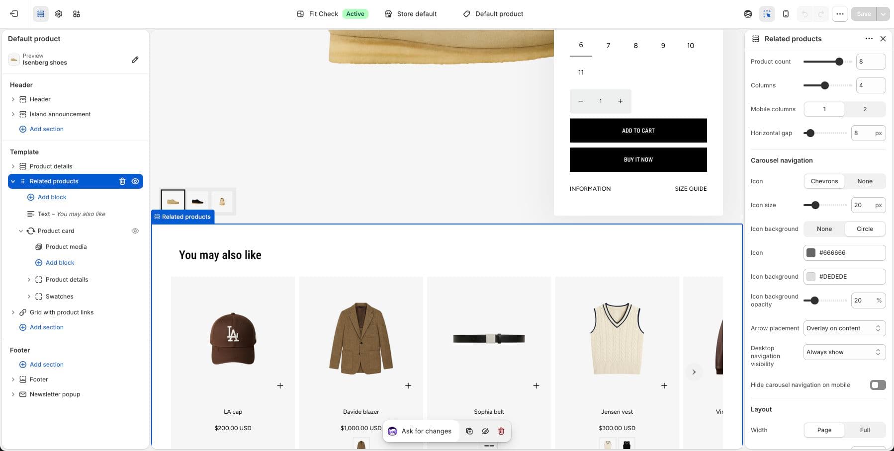 Live demo store theme editor screenshot of the Fit Check Recommended products section for Shopify Product Recommendations.