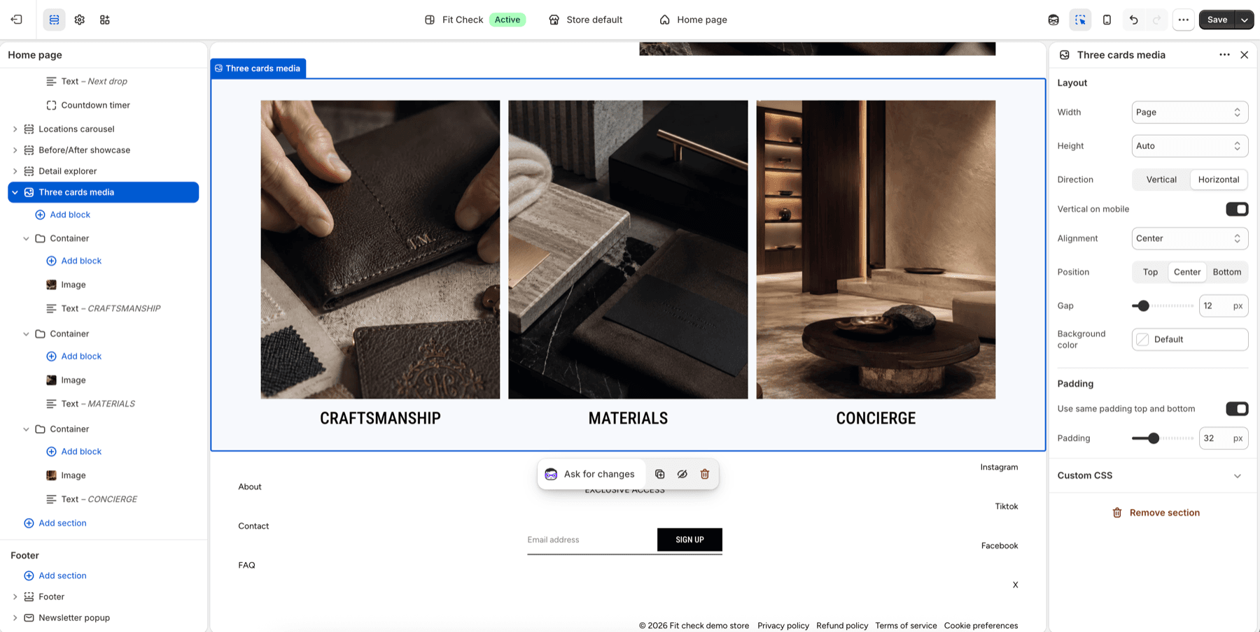 Shopify theme editor showing the Fit Check Three cards media section with three image-led cards and headings.