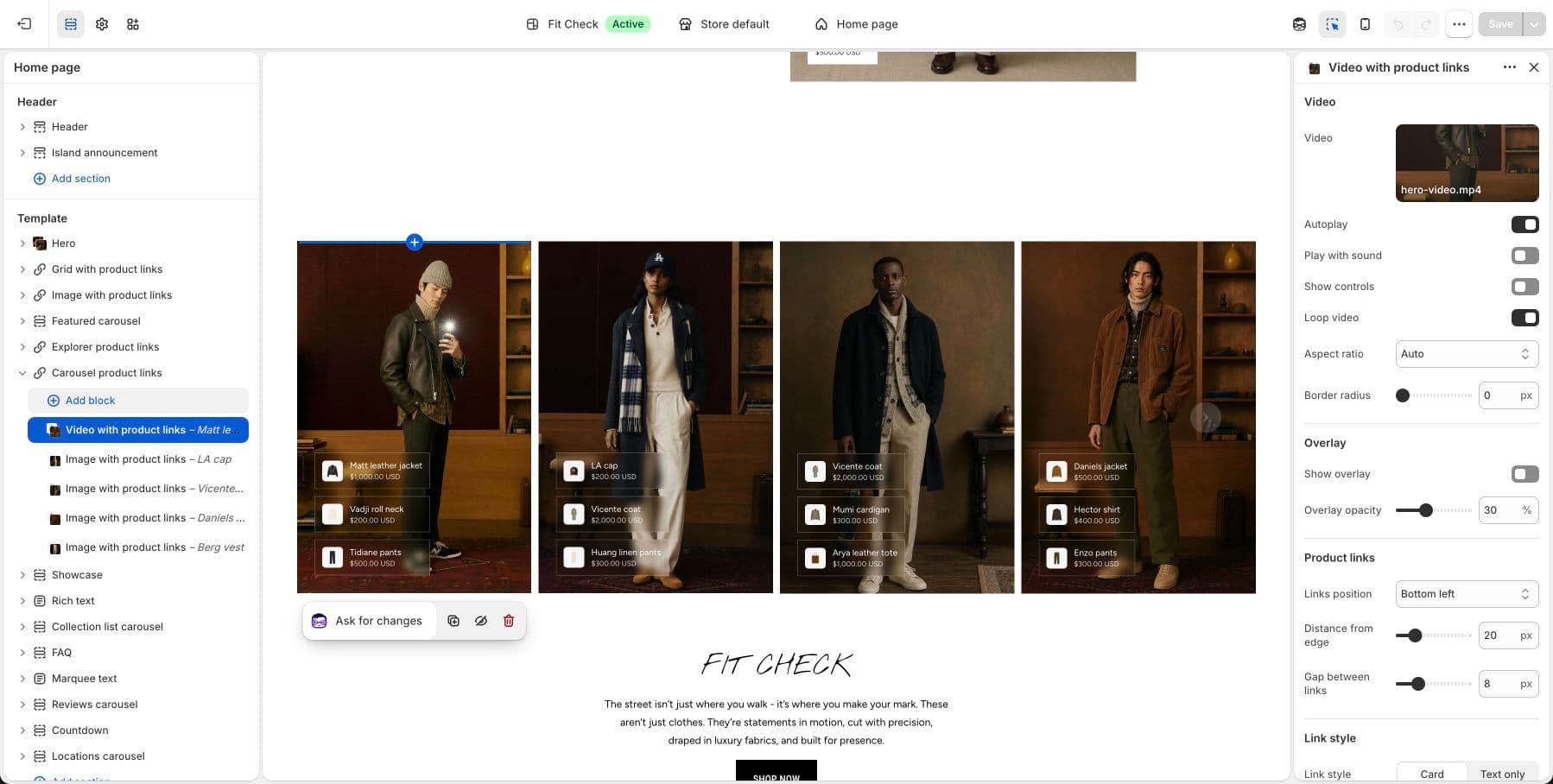 Live demo store theme editor screenshot of the Fit Check Video with product links block.