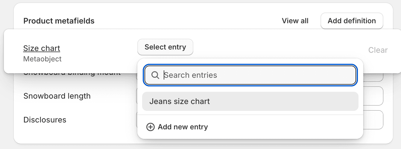Shopify product metafields panel showing the Size chart metaobject field with a Jeans size chart entry selected.