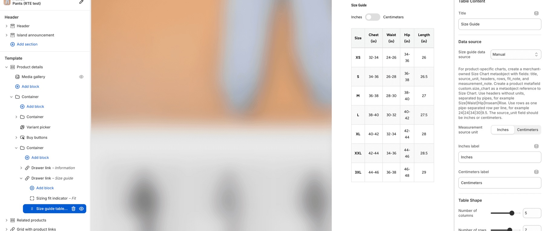 Fit Check theme editor showing the Product details Size guide drawer with the Size guide table block selected and its data source controls visible.