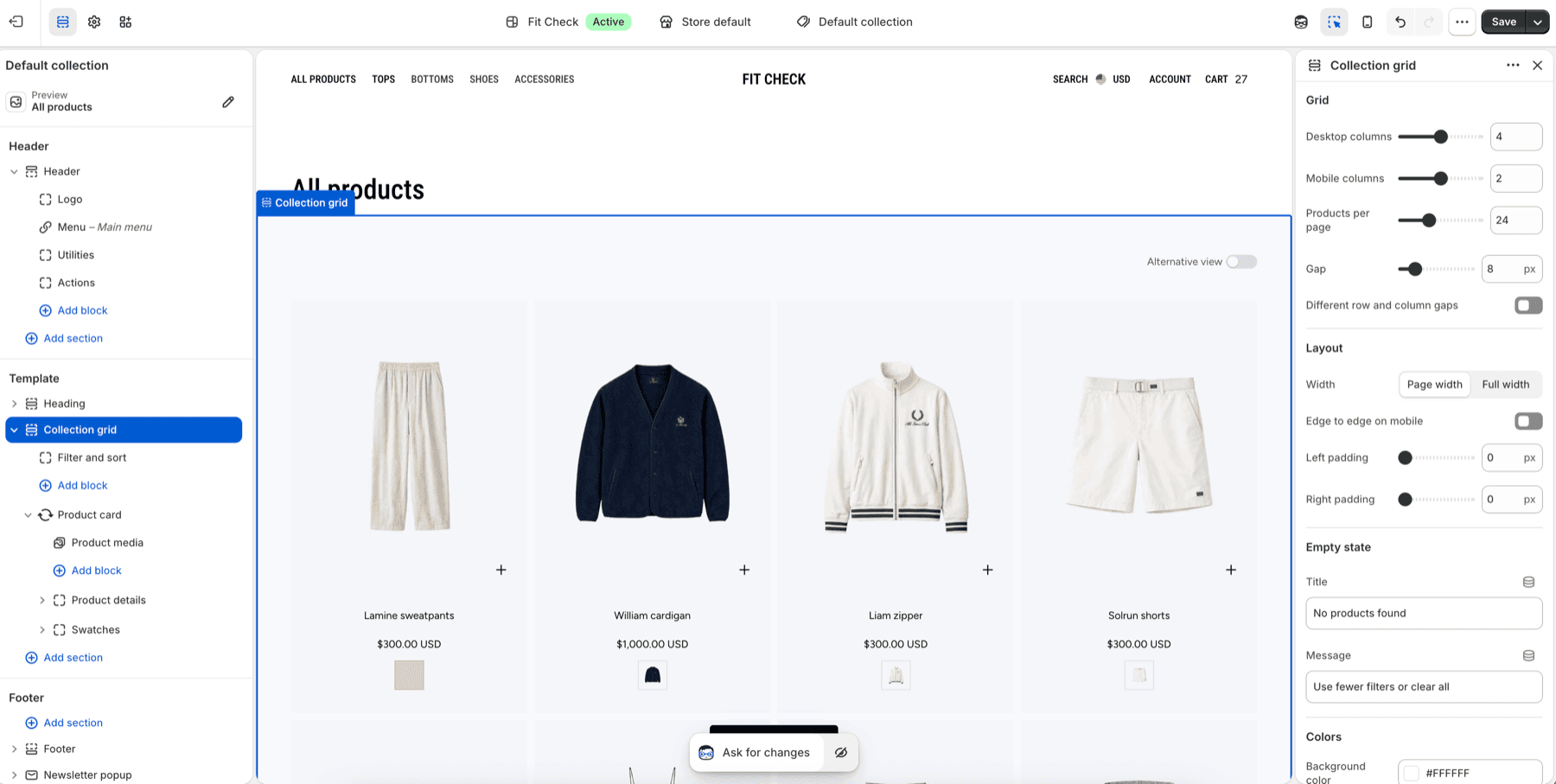 Fit Check theme editor showing the Collection grid section on the default collection template.