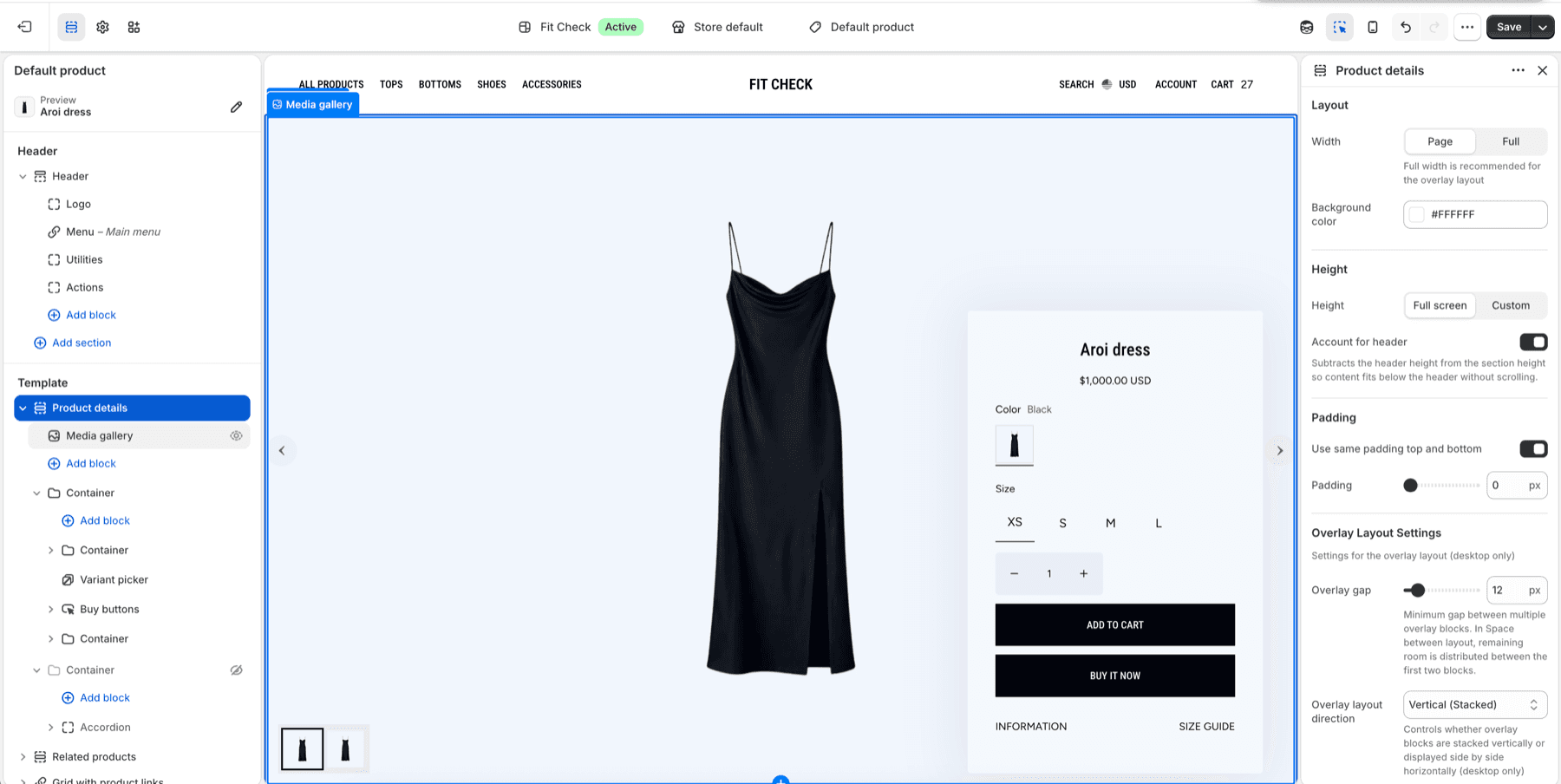 Fit Check theme editor showing the Product details section on the default product template.