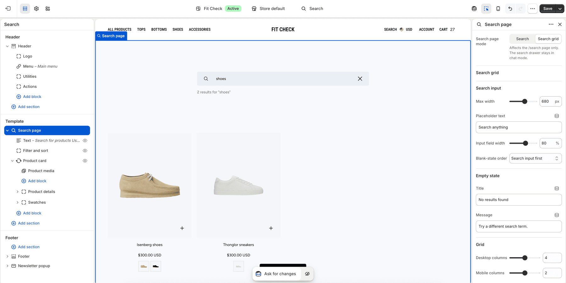 Fit Check theme editor showing the Search page in Search grid mode.