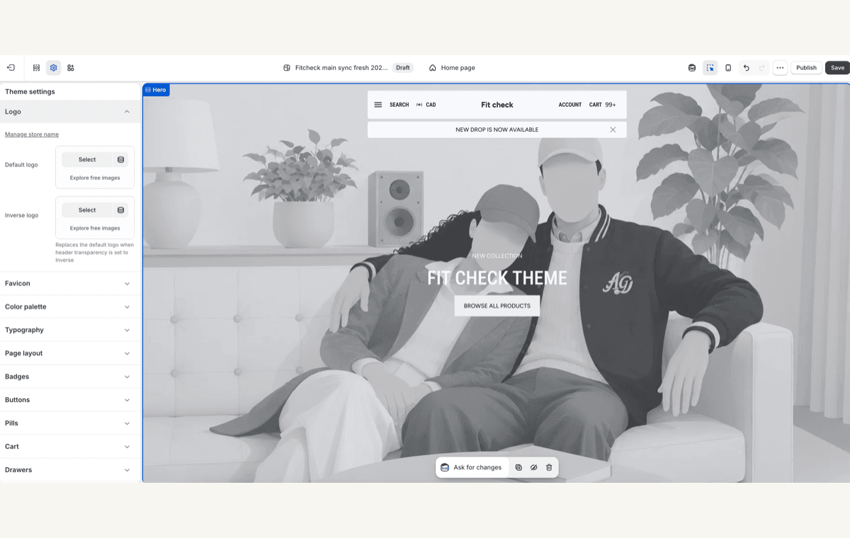 Shopify theme editor showing Fit Check theme settings and live home page preview.