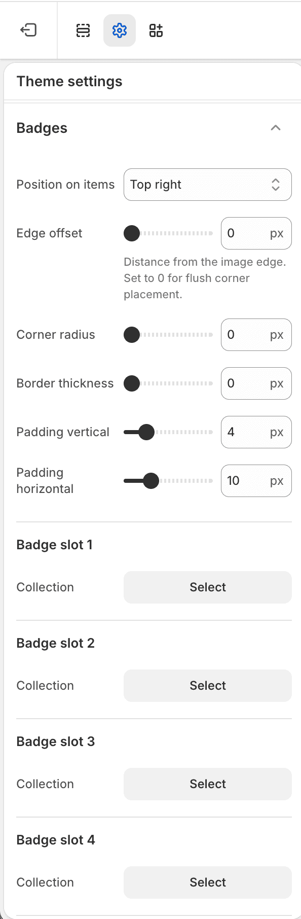 Fit Check theme editor showing Badges Theme settings with badge position, spacing, shape, and custom badge collection slots.