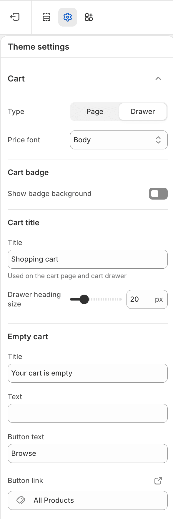 Fit Check theme editor showing Cart Theme settings for cart type, price font, cart badge, cart title, and empty cart content.