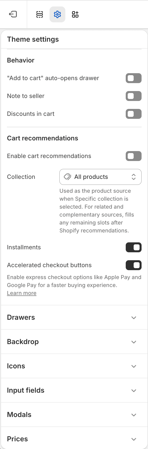 Fit Check theme editor showing Cart Theme settings for behavior, cart recommendations, installments, and accelerated checkout buttons.