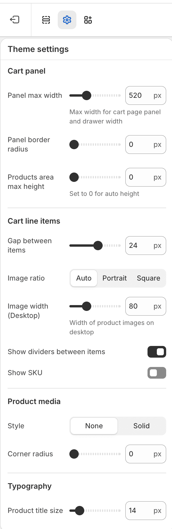 Fit Check theme editor showing Cart Theme settings for cart panel, cart line items, product media, and typography beginning.