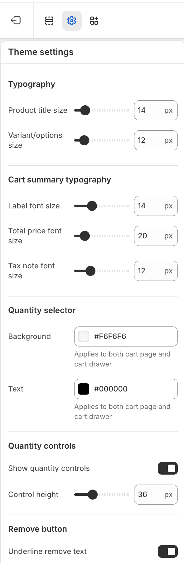 Fit Check theme editor showing Cart Theme settings for typography, cart summary typography, quantity selector, quantity controls, and remove button.