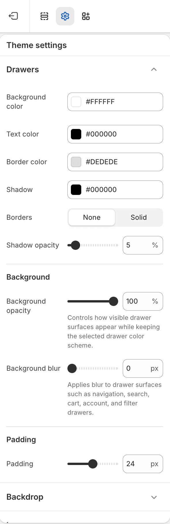 Fit Check theme editor showing Drawers Theme settings with drawer colors, border, shadow, background opacity, background blur, and padding.