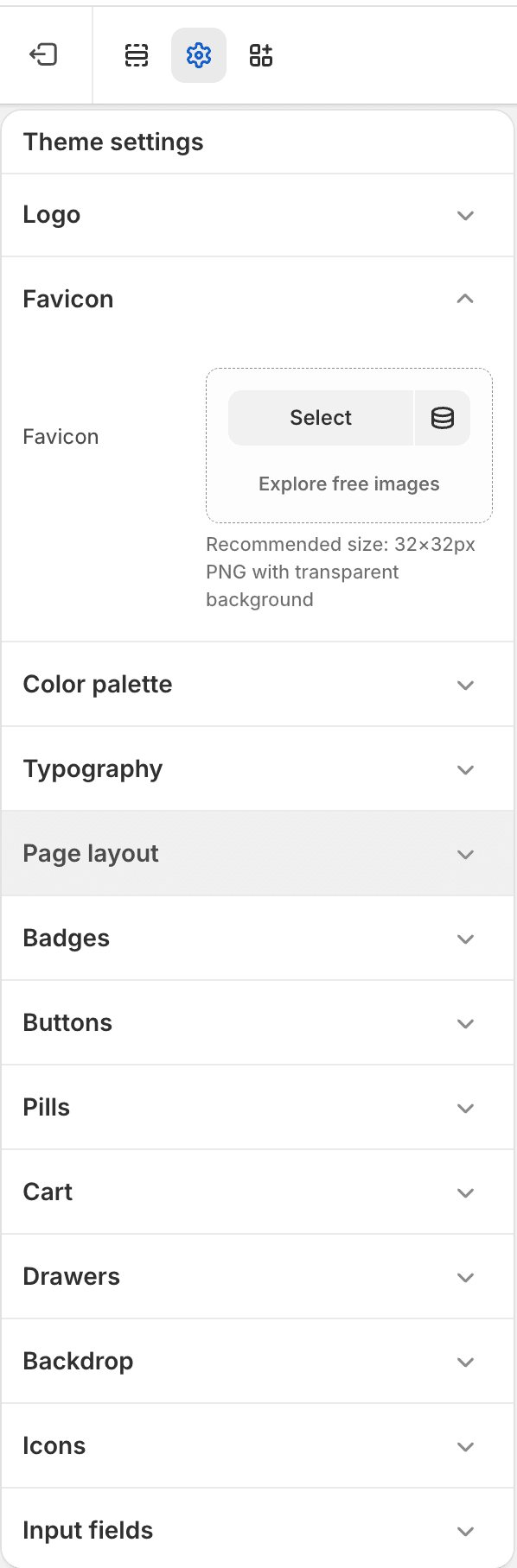 Fit Check theme editor showing Theme settings with the Favicon group expanded and the Favicon image picker visible.