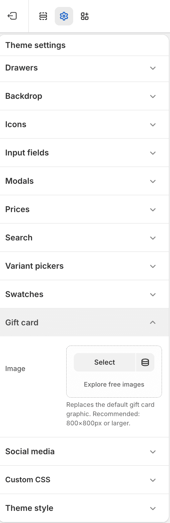 Fit Check theme editor showing Gift card Theme settings with the Image picker visible.
