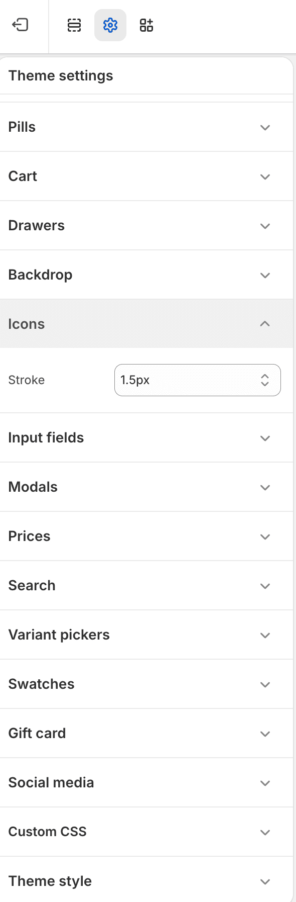 Fit Check theme editor showing Icons Theme settings with the Stroke select control visible.