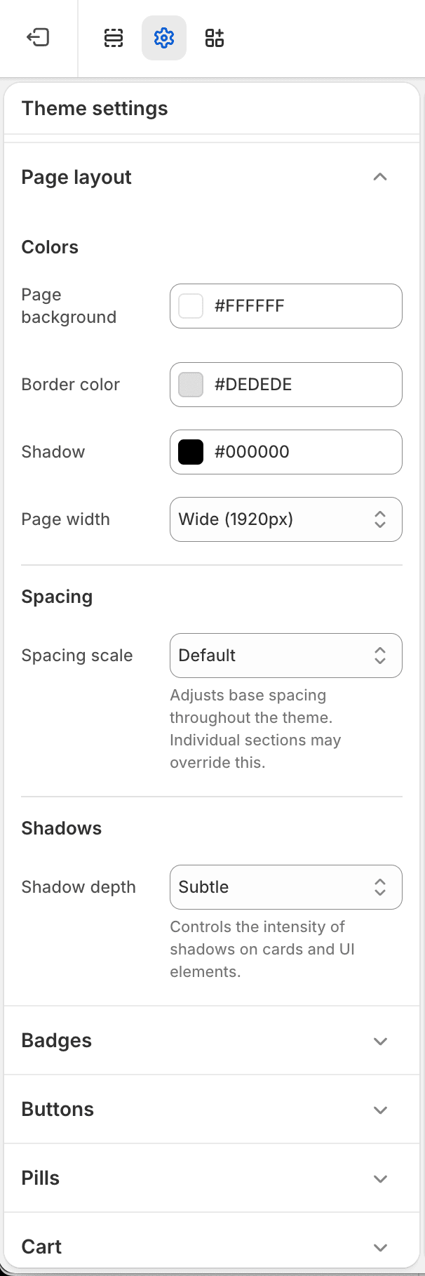 Fit Check theme editor showing Page layout Theme settings for colors, page width, spacing scale, and shadow depth.