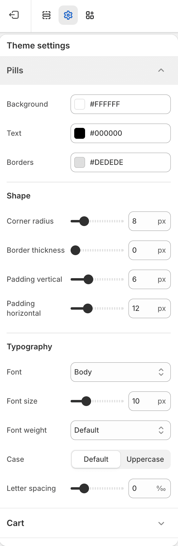 Fit Check theme editor showing Pills Theme settings with color, shape, spacing, and typography controls.