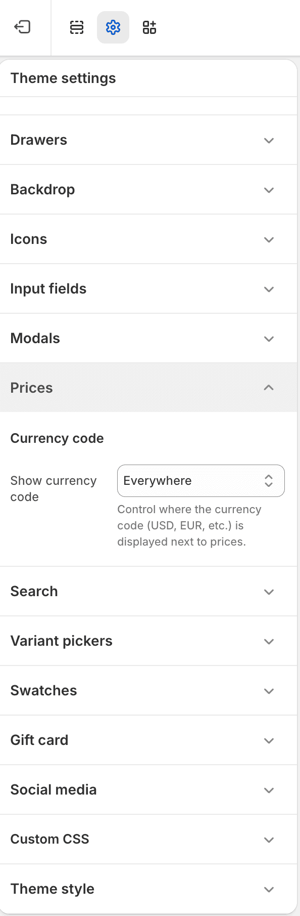 Fit Check theme editor showing Prices Theme settings with Show currency code set to Everywhere.