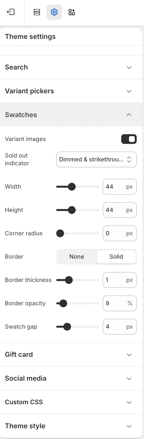 Fit Check theme editor showing Swatches Theme settings with variant image, sold-out indicator, dimensions, border, opacity, and gap controls.